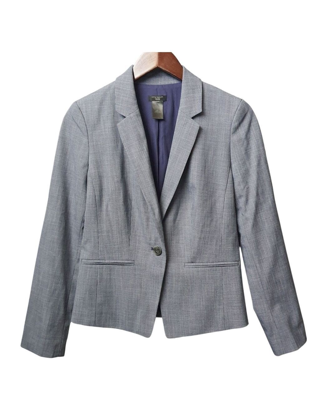 Ann Taylor Blazer Womens 6p Blue White Crosshatch Single Button Business Casual